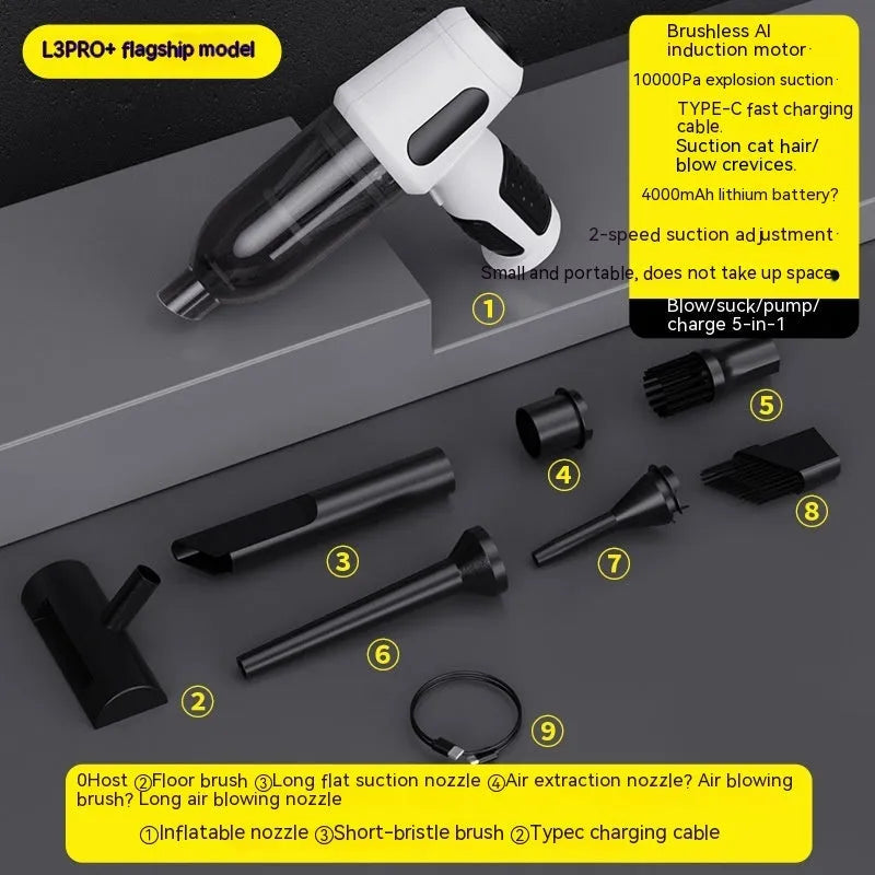 Black cordless handheld car vacuum cleaner with attached brush nozzle and charging cable.