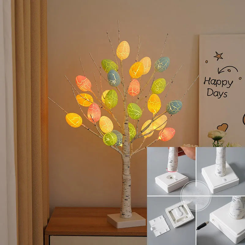 60cm white LED birch tree with black trunk details and warm white cracked egg ornaments on adjustable branches