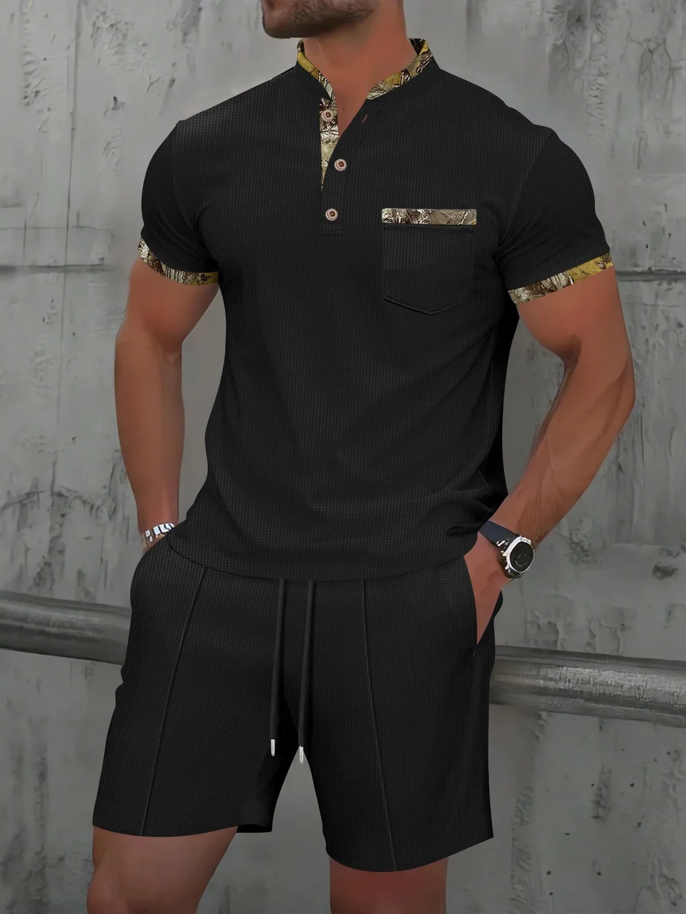 Men's grey zip-front polo short sleeve top and matching shorts, a cotton blend summer suit set.