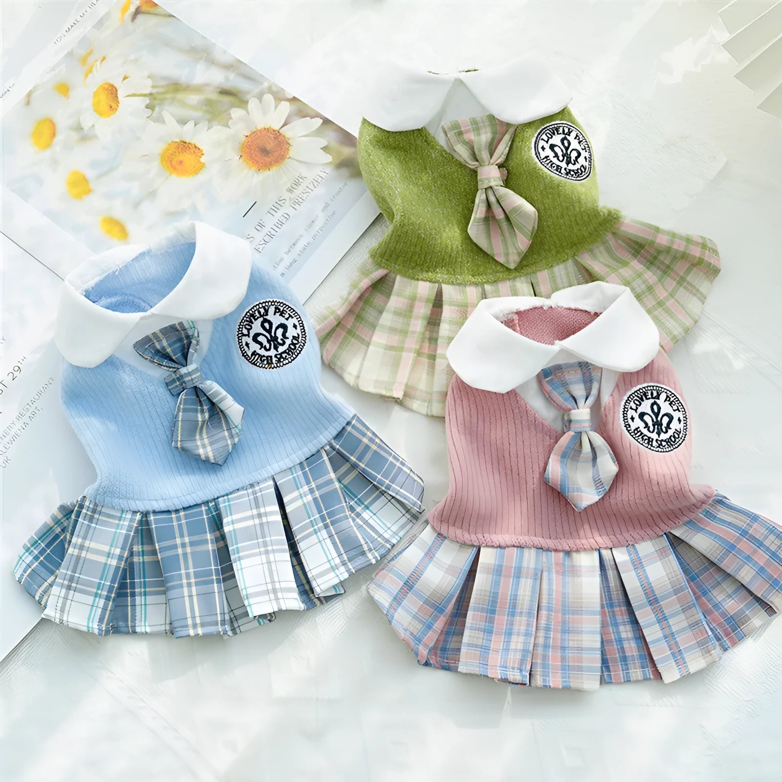 College style plaid dog dress for small dogs and cats, polyester, pink colour, available in sizes XS to XXL