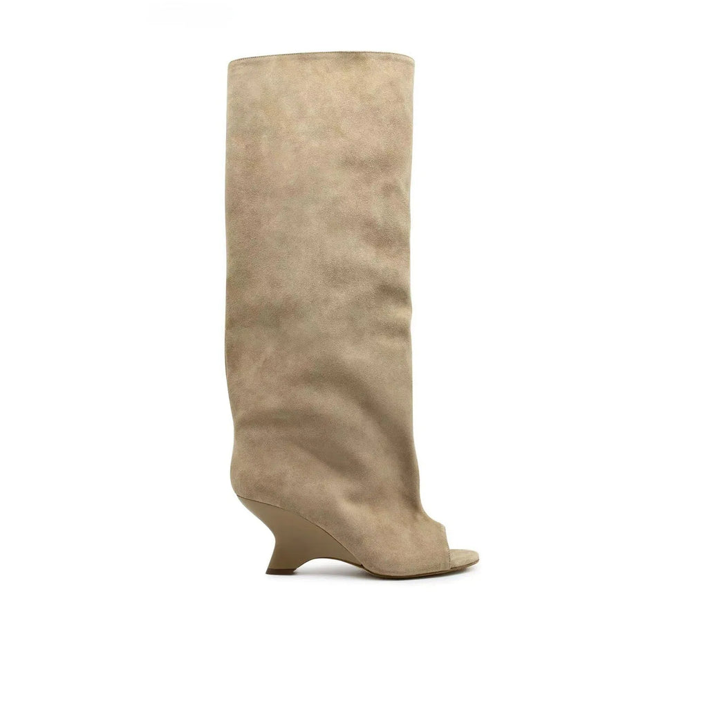Women's peep toe wedge suede sandal boots with tassels, available in apricot colour, side view