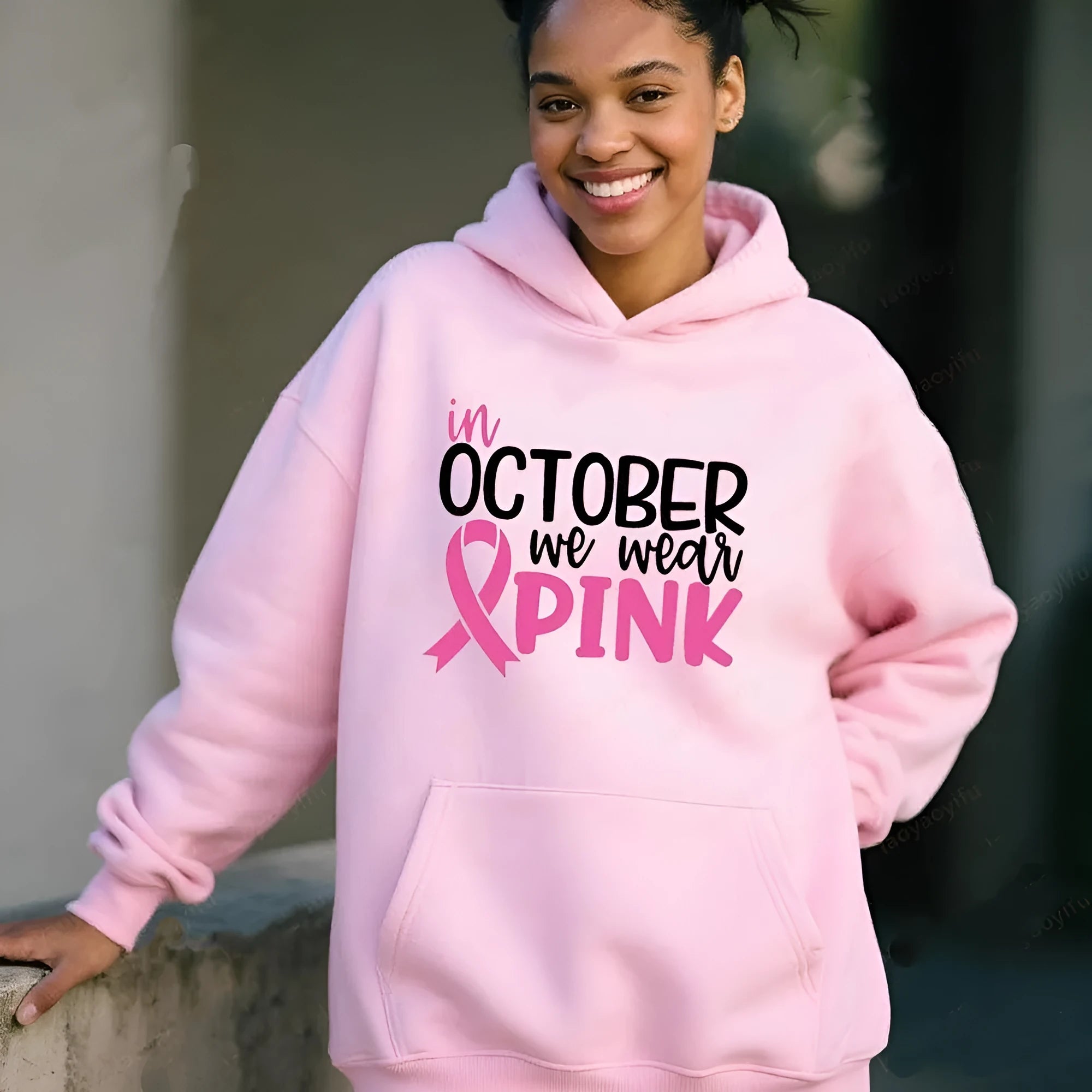 Retro patterned hoodie sweatshirt with side seam pockets in pink colour