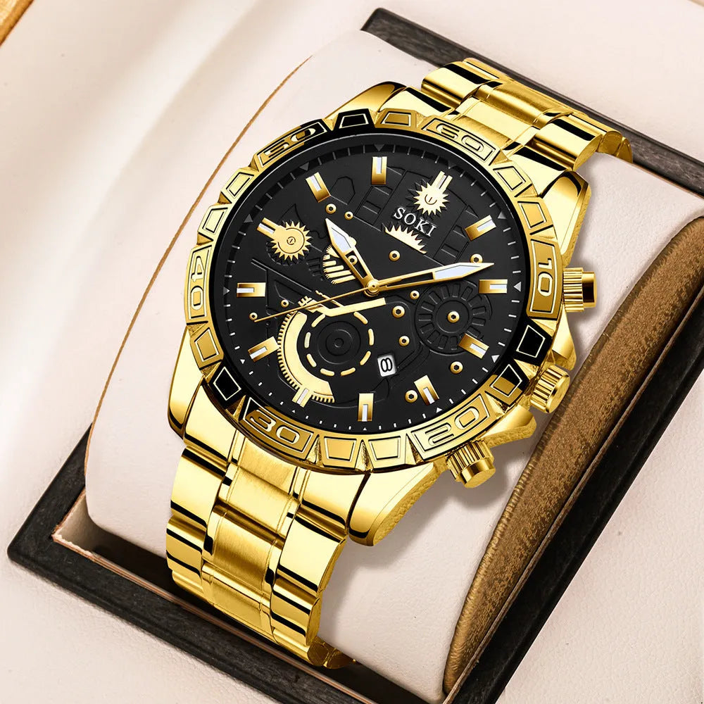 Men's gold-coloured business watch with stainless steel strap and calendar display.