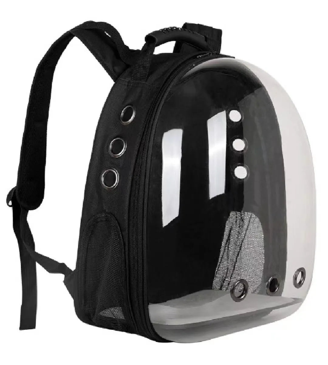 Grey PC plastic astronaut-style cat carrier bag with a side opening panel.