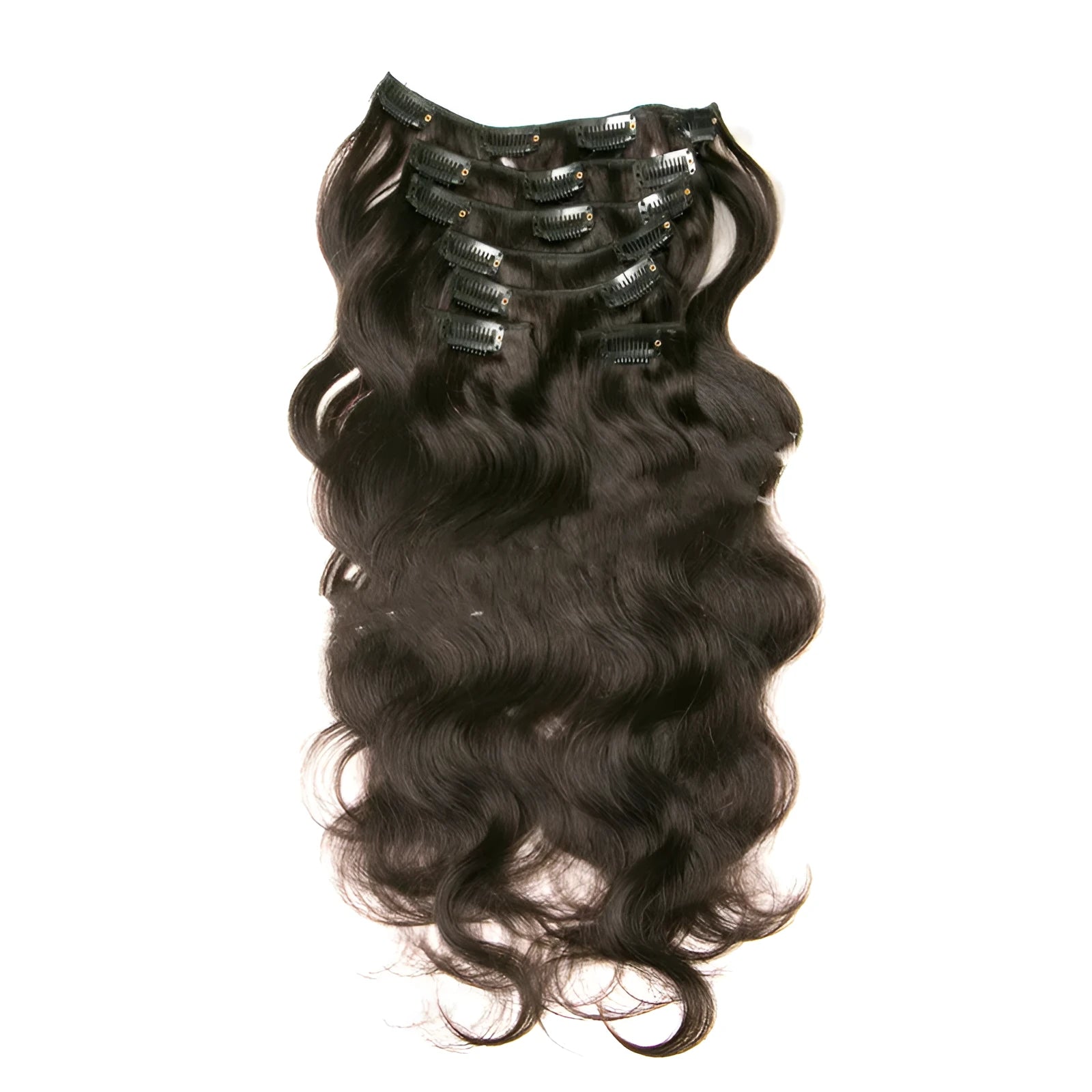 Seven-piece clip-in real hair wig set with lengths from 16 to 24 inches in natural shades