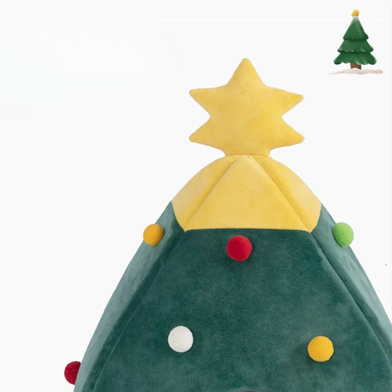 Red Christmas tree-shaped plush cave bed for cats and small dogs on a white background.