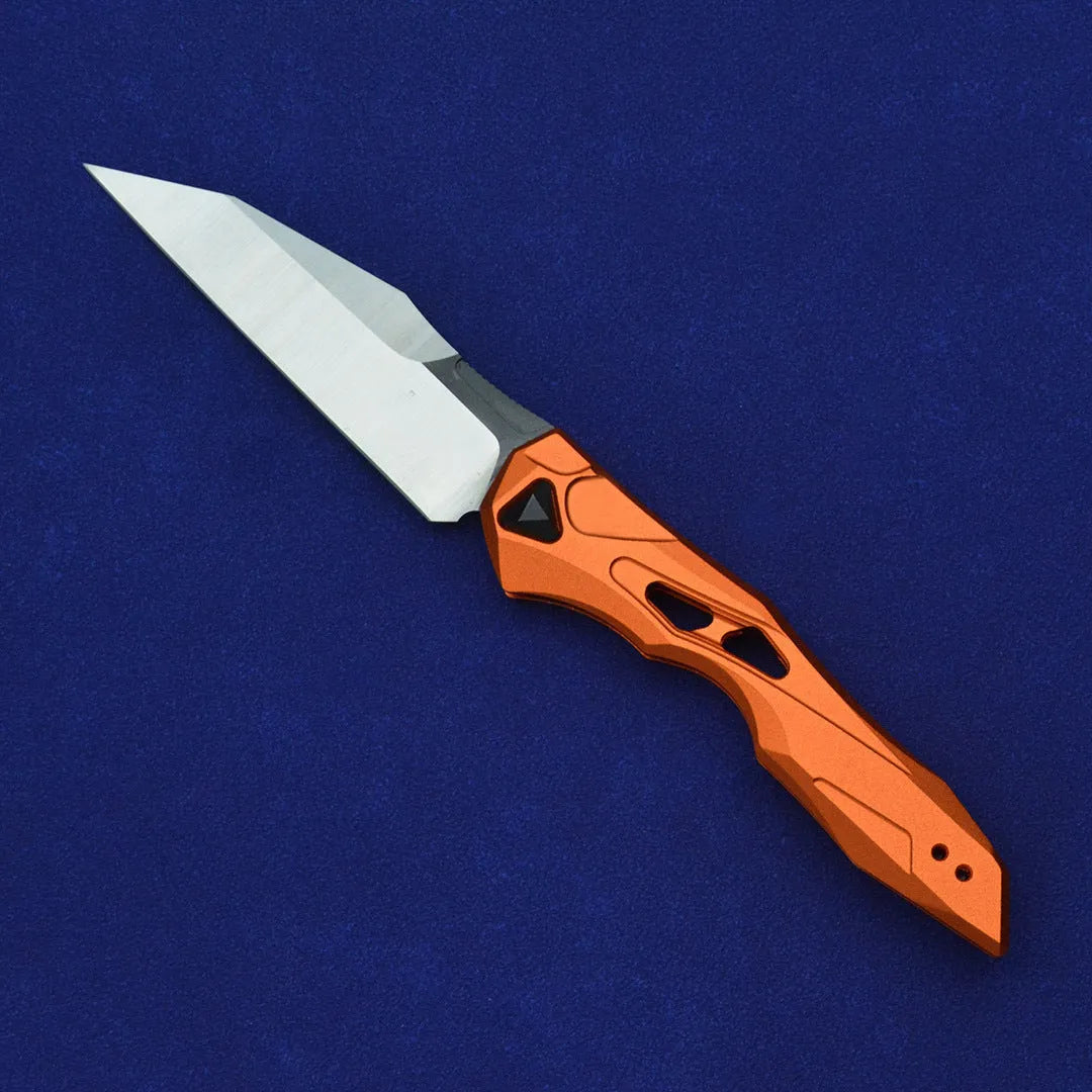 Black folding fruit knife with D2 steel blade and aviation aluminium handle shown open