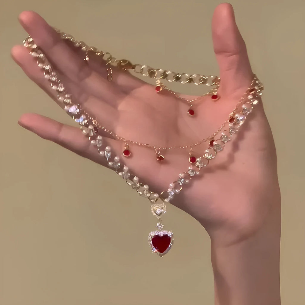 Red love heart pearl pendant on double-layer alloy necklace with adjustable 41-50cm chain