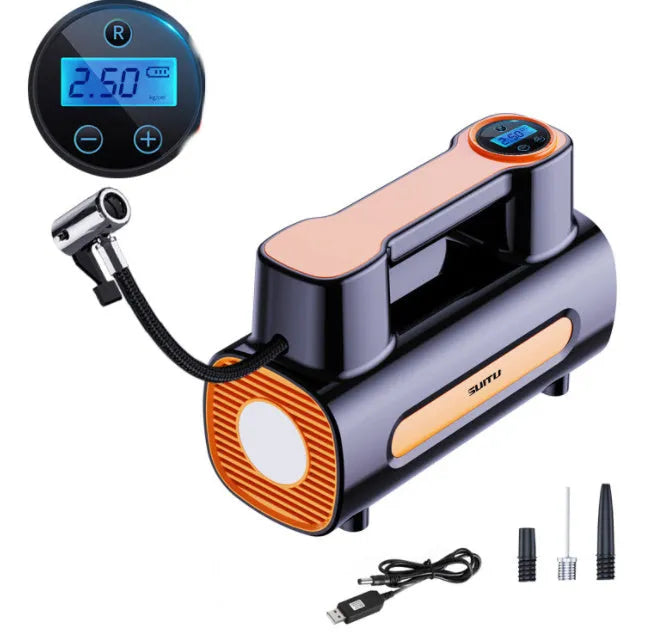 Black portable cordless tyre inflator pump with digital LCD screen and air hose