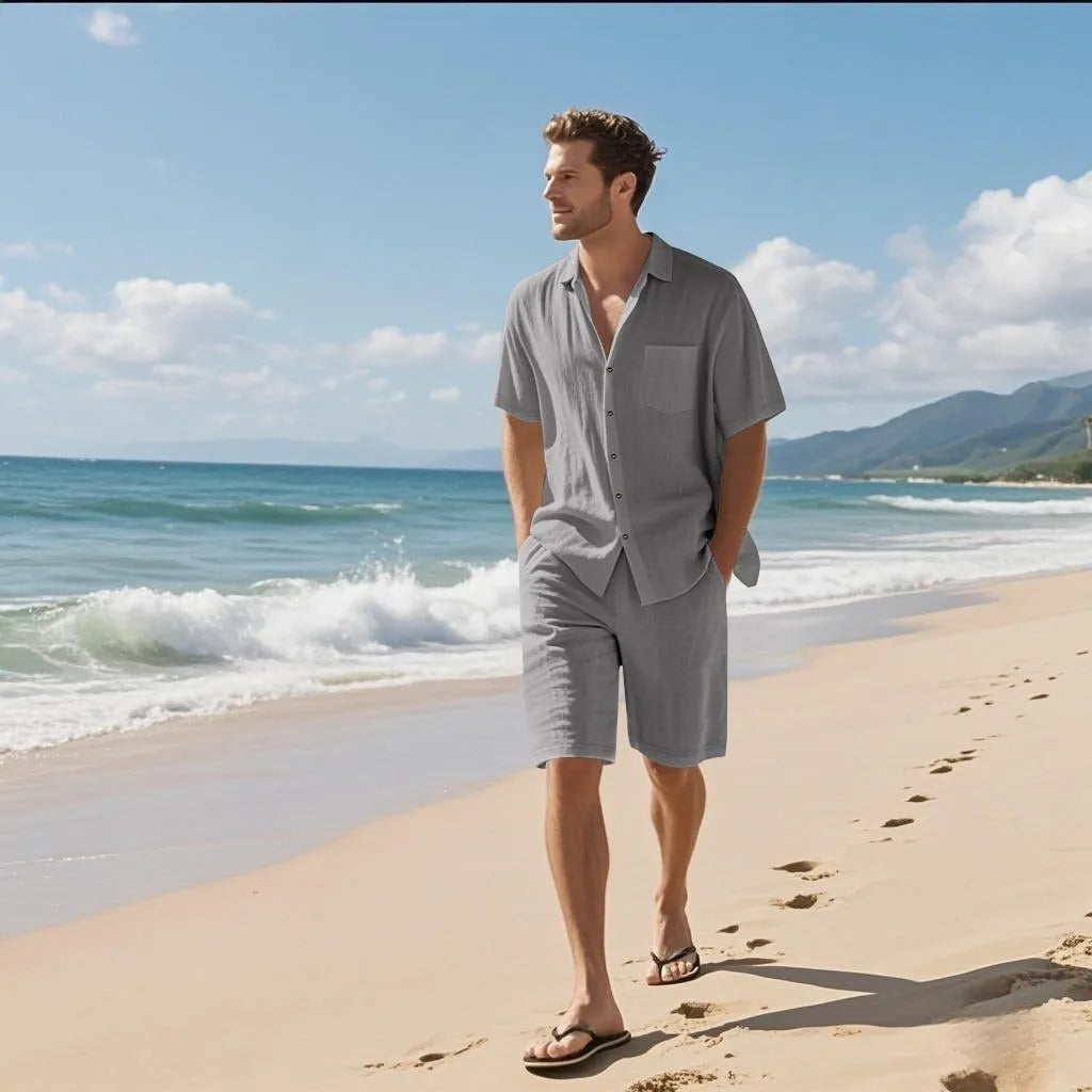 Men's linen blend short sleeve beach shirt and matching shorts in a light blue colour.