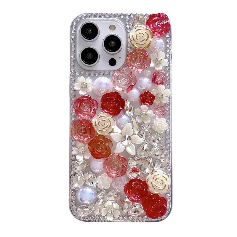 Diamond rose flower TPU phone case for iPhone 15 Pro Max in purple rose, showing anti-fall and anti-fingerprint design
