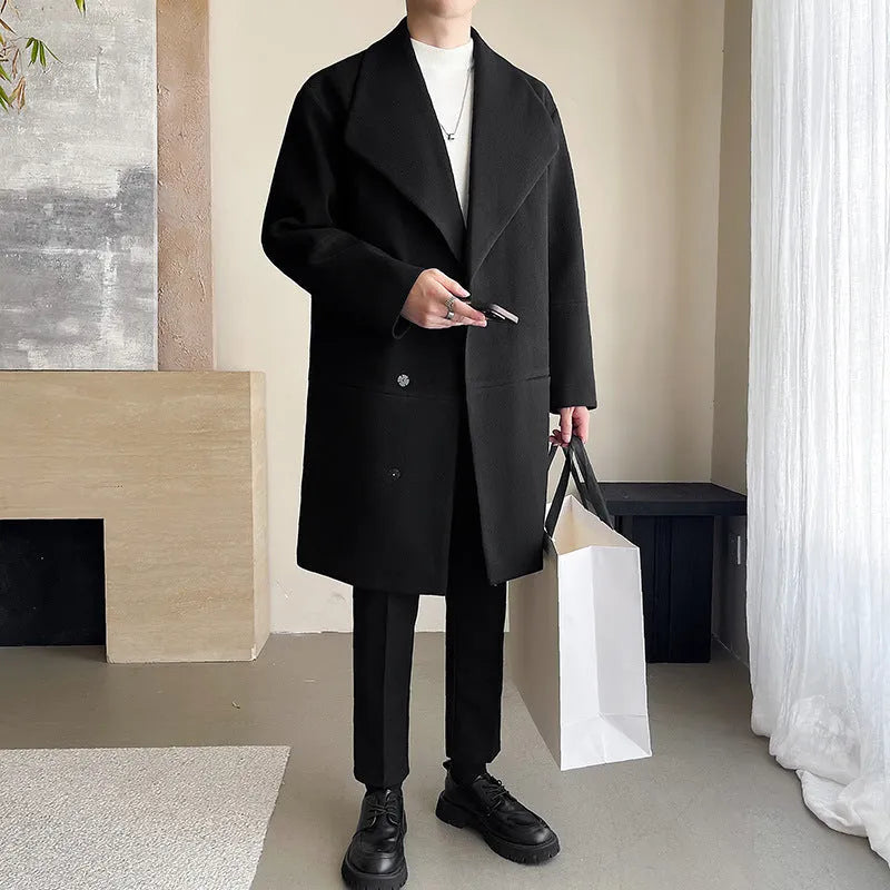 Men's cotton-padded mid-length woolen coat in black with size stick pockets
