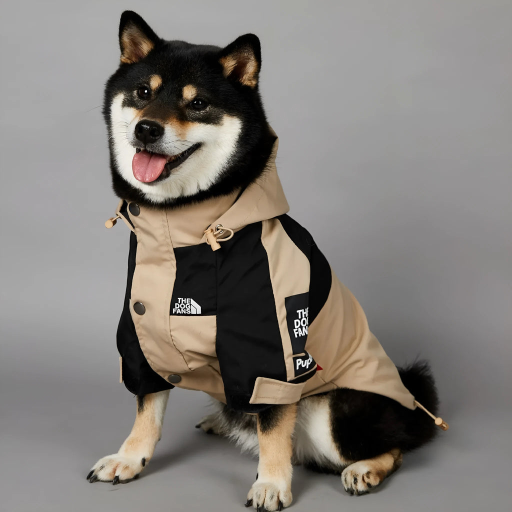 Khaki-coloured polyester dog shell coat shown on a model, sizes S to 5XL