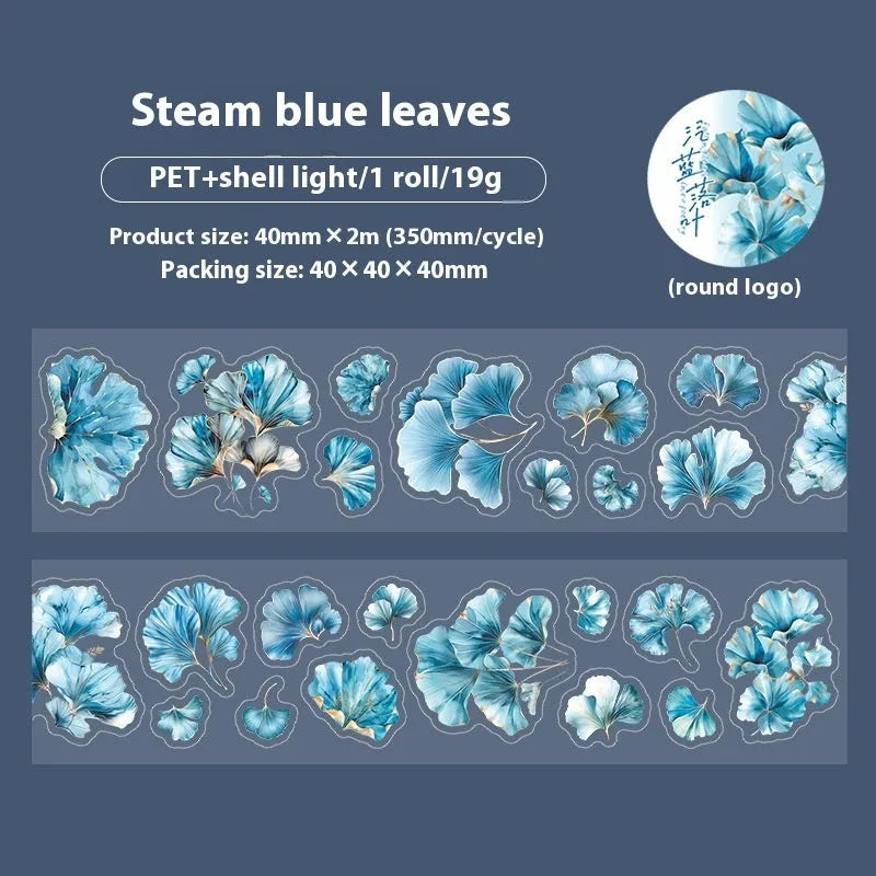 Deciduous Poetry Series PET decorative sticker roll showing autumn leaf patterns in six colours, 40mm wide.