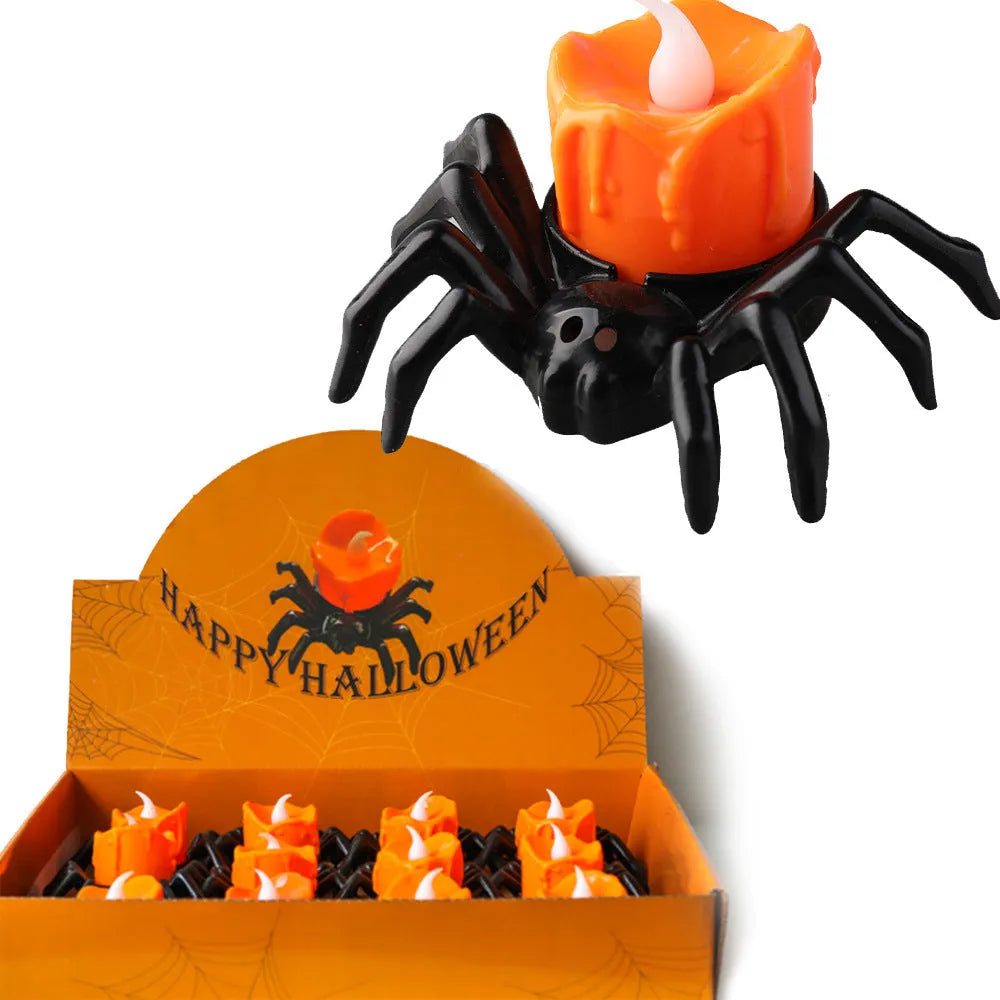 Plastic Halloween spider candlestick ornament measuring 7x8.5x5cm with battery-powered light