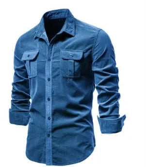 Men's long sleeve linen shirt on hanger showing colour options like denim blue, army green, and red.