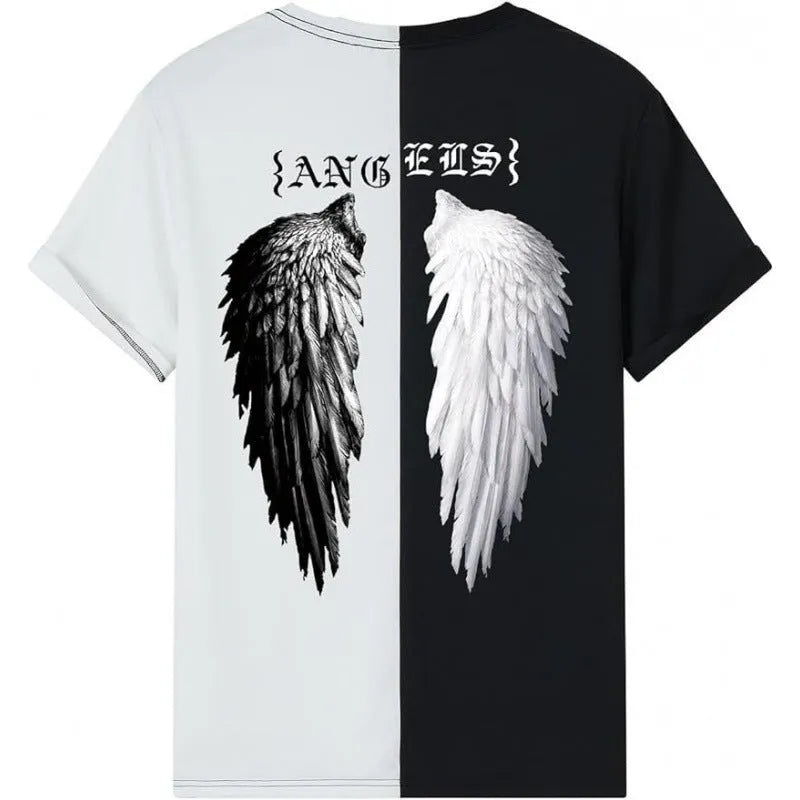 Men's printed short-sleeved sports T-shirt with digital pattern on polyester fabric, showing pullover design and casual streetwear styling