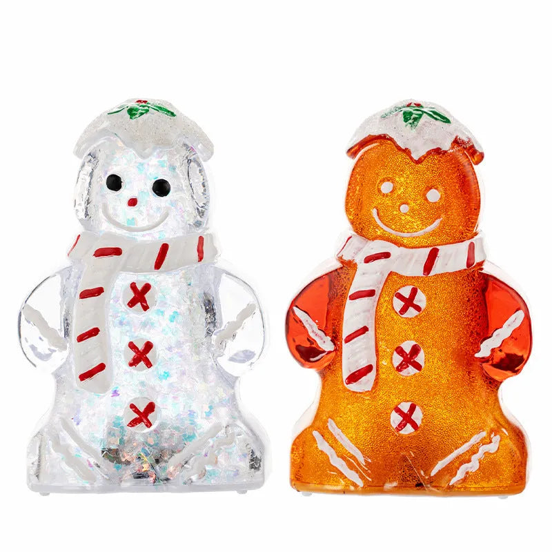 Glowing plastic gingerbread man snowman Christmas ornament with a choice of scarf colours on a festive background.