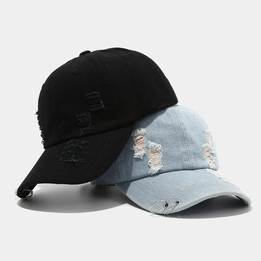 Men's adjustable denim peaked cap in black with dome crown and street style design