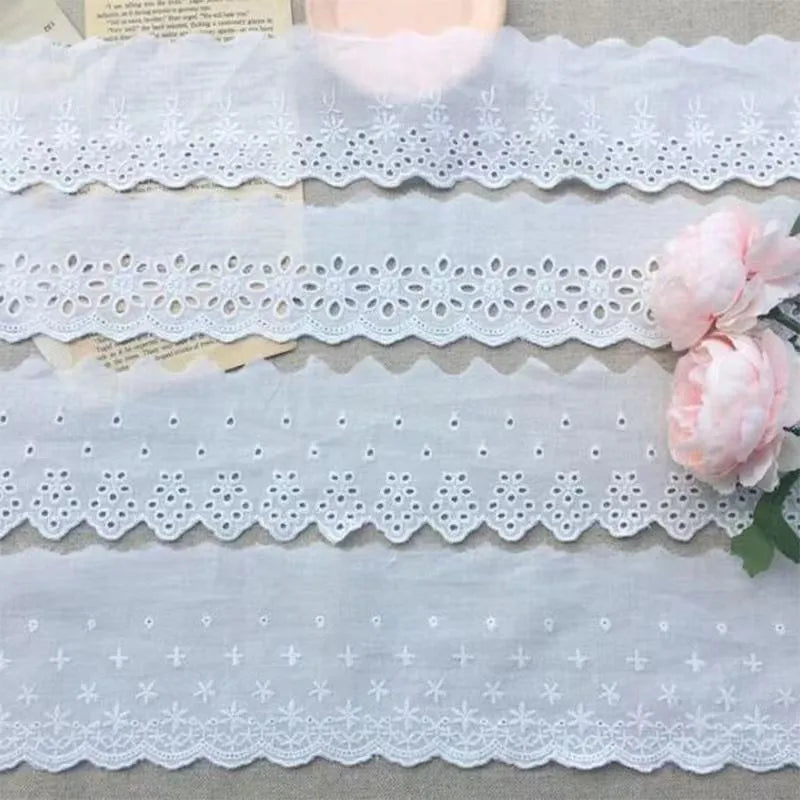 Cotton embroidered lace fabric trim with floral cutout pattern for clothing decoration