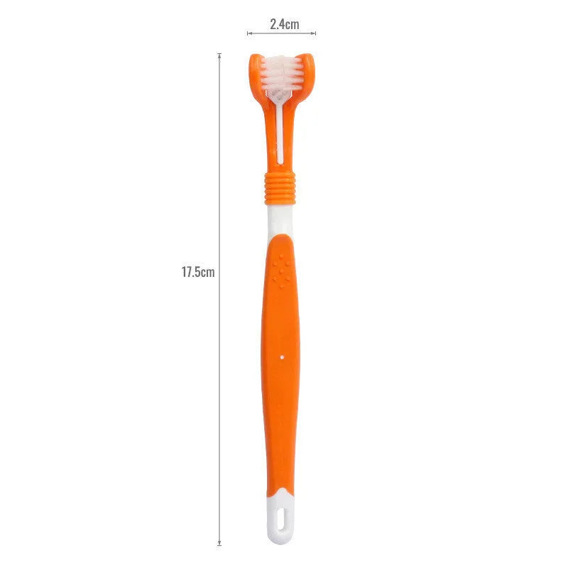 Three-head plastic pet toothbrush in 175x24x15mm size for oral cleaning, available in five colours