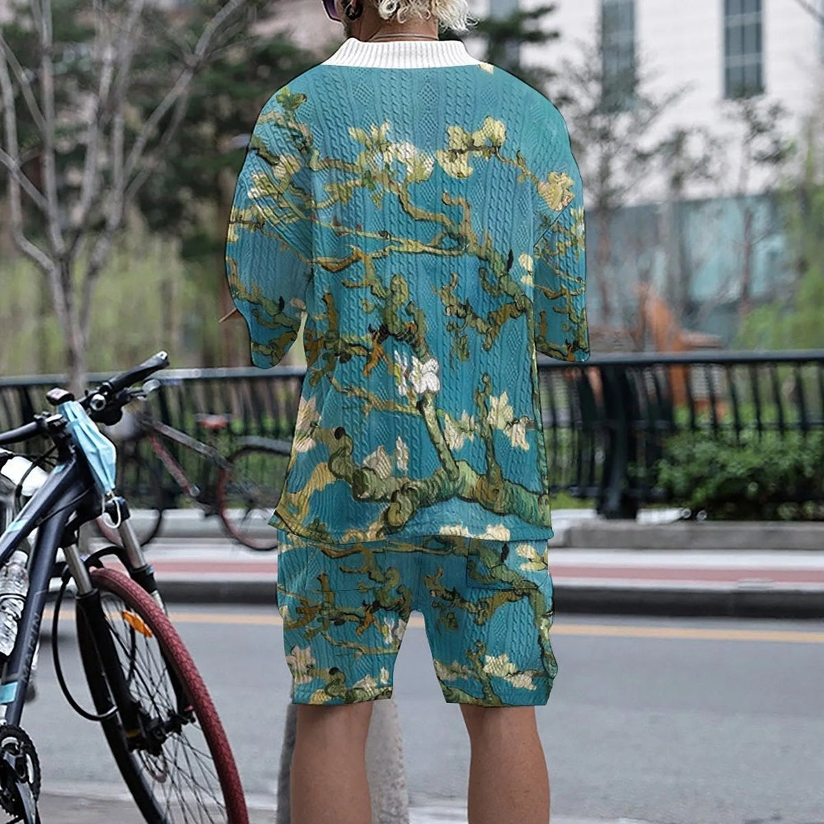 3D printed casual knitted shorts men's suit in peacock blue, polyester fibre, top and trousers set