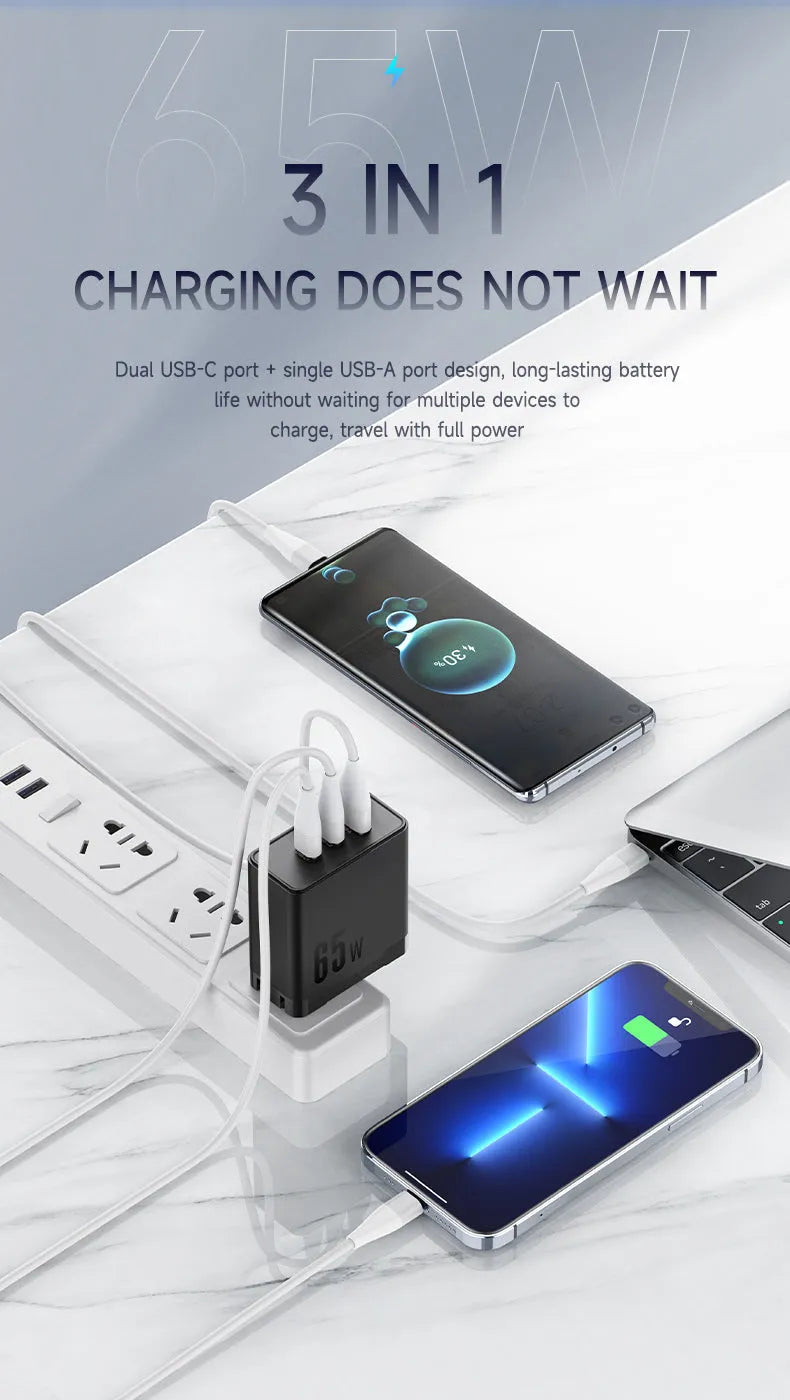 65W GaN multi-port fast charger with two USB-C and one USB-A output, black colour, British standard plug