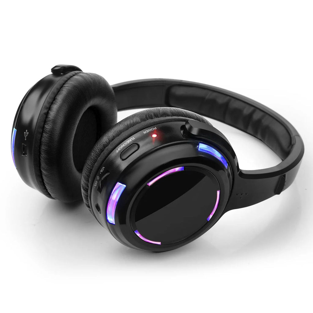 Black silent disco wireless headphones showing head-mounted design and 3.5mm plug.