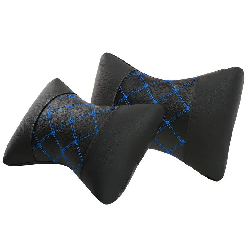 Black leather quilted car headrest pillow with diamond check pattern for cervical neck support