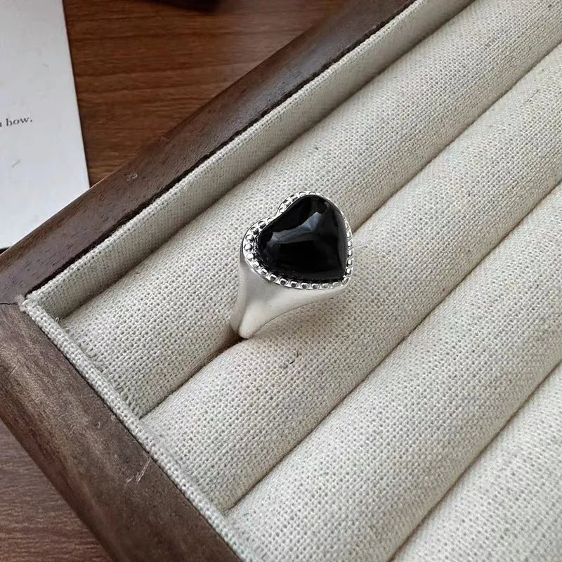 S925 sterling silver ring with black heart agate stone and adjustable opening