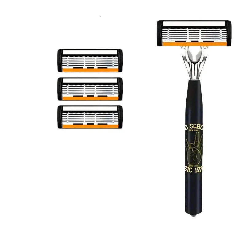 Black manual shaver holder with six-layer finger grip handle and multiple blade rests