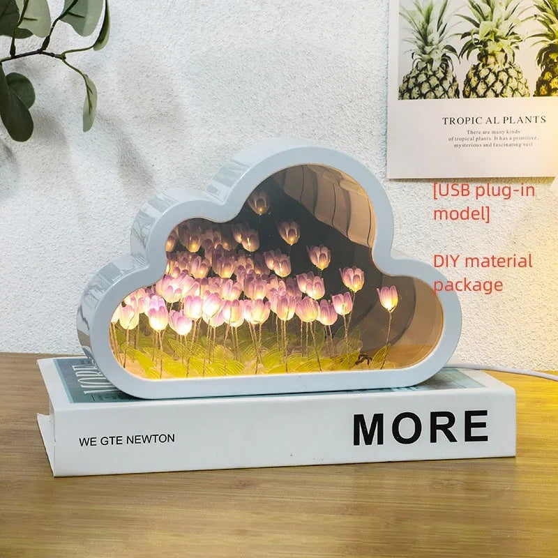 DIY cloud tulip decorative night lamp with LED lights and mirror surface for bedroom or desk
