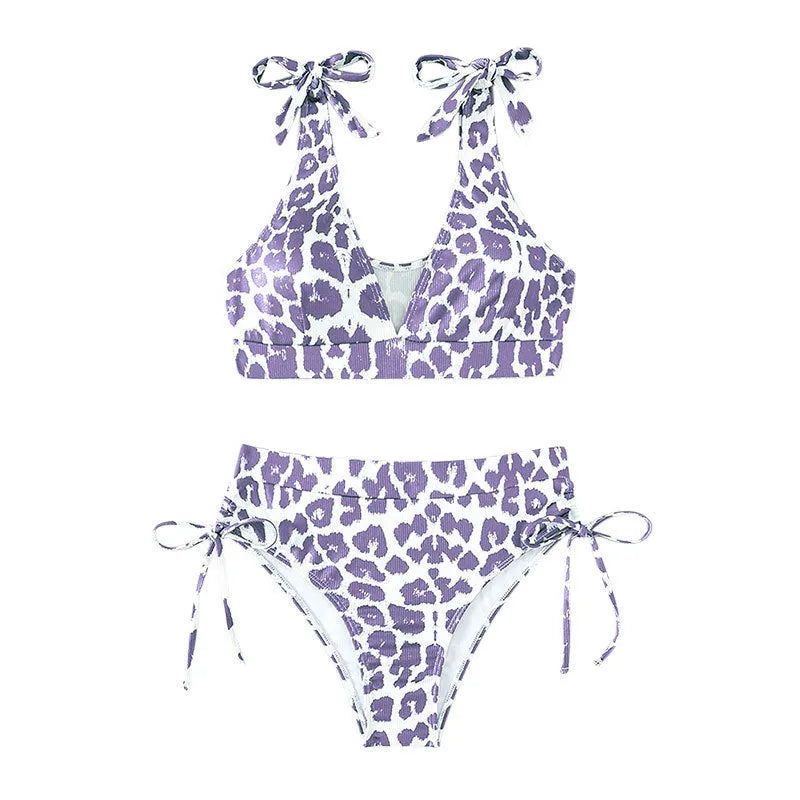 Women's purple leopard print high waist suit with lace-up sleeveless top and matching shorts