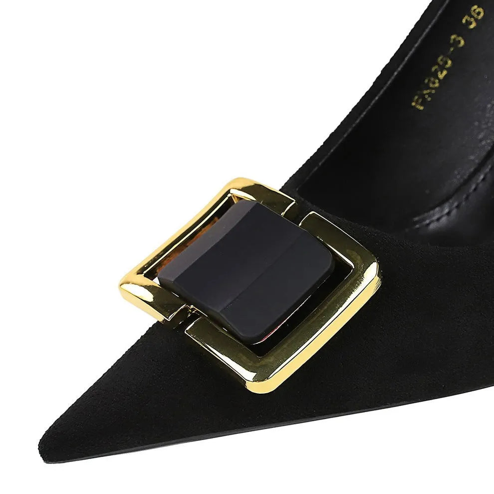Black suede women's stiletto high heels with a 9cm heel and pointed toe.