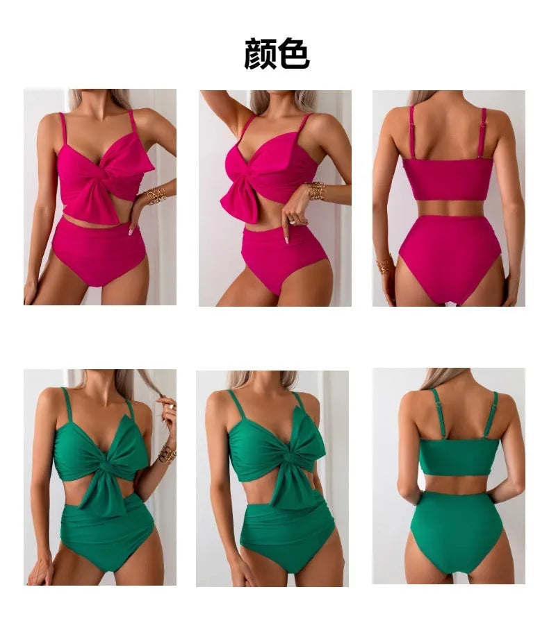 Women's big bow bikini set with swim shorts bottom in bright colour options