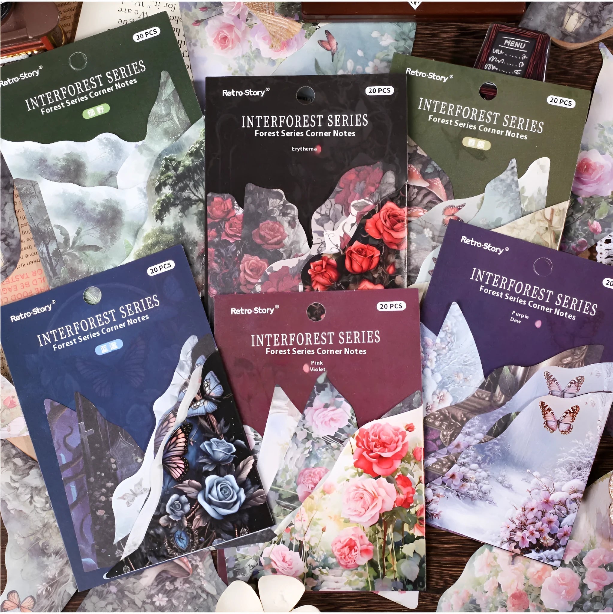 Set of colourful bookmarks with spring vine, pink plum, red rose, blue, green wild, and purple dew designs
