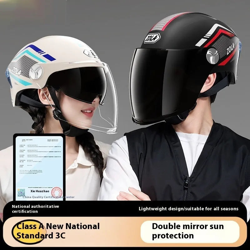 Children's 3C motorcycle half-helmet with a double visor shown in light brown colour.