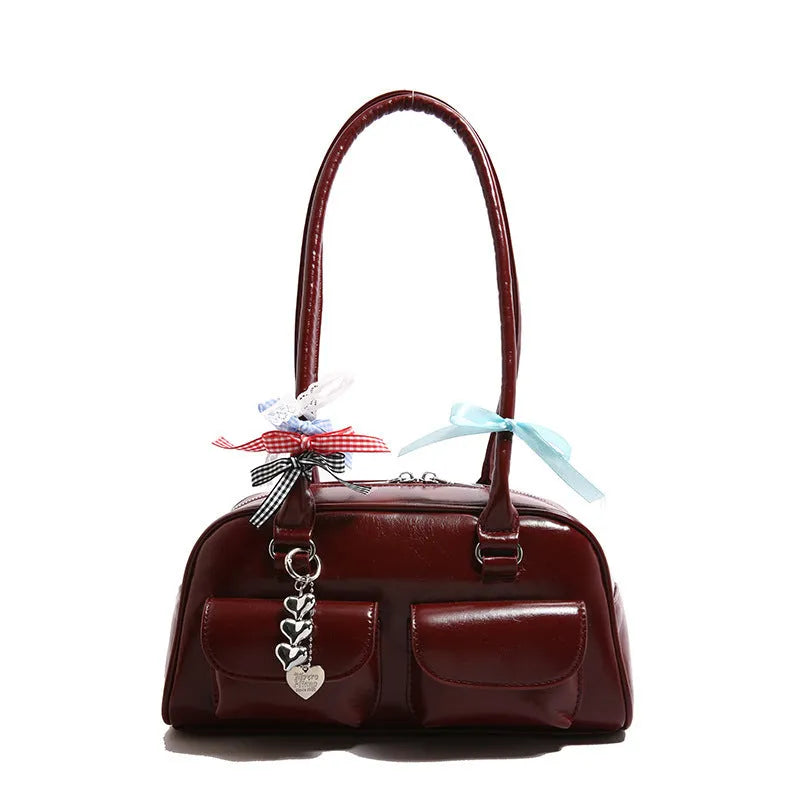 Women's black PU leather pillow shoulder bag with retro one-shoulder design and double straps