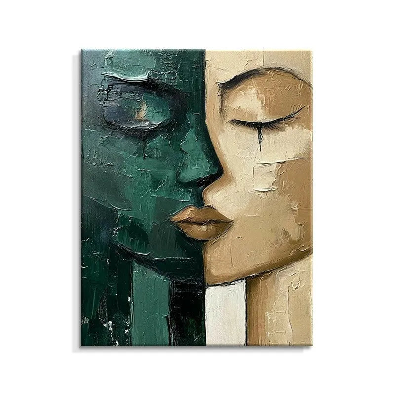 Hand-painted oil painting modern art green and beige abstract face on canvas wall decor for living room