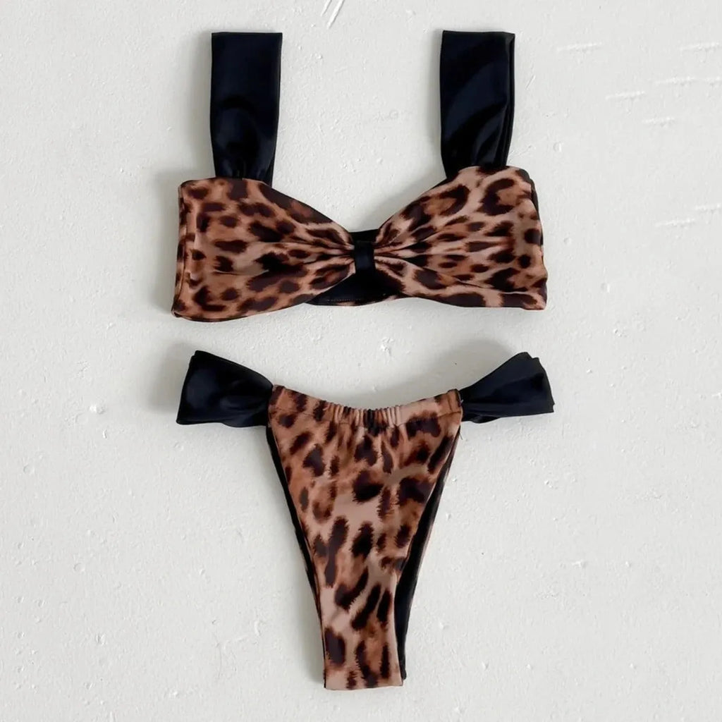 Women's leopard print bikini set with tube top and split panties swimwear