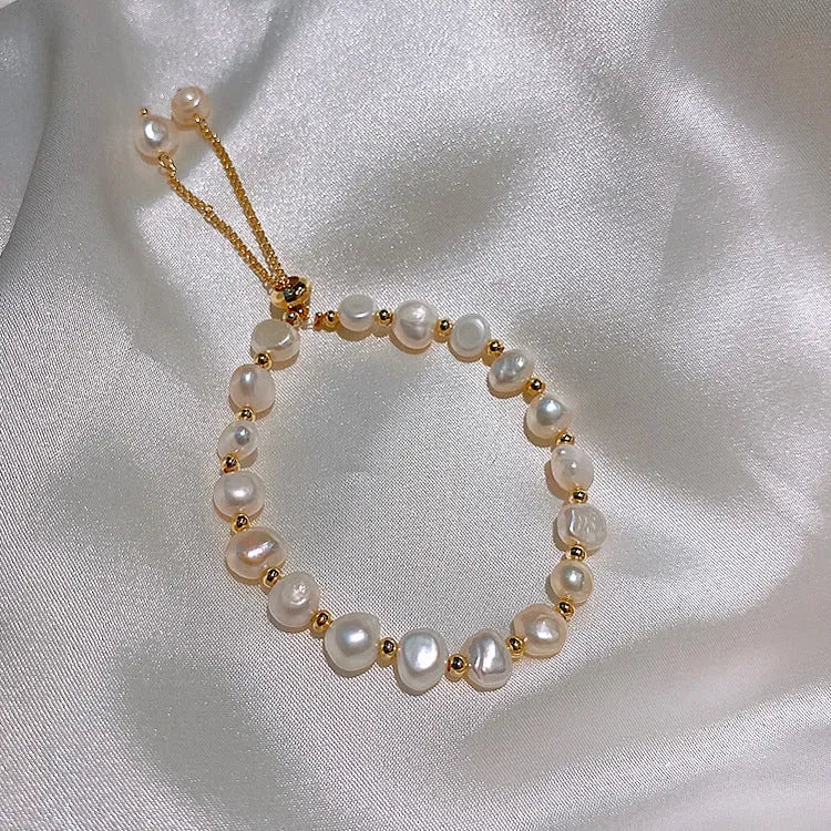 Baroque freshwater pearl bracelet with zircon accents geometric design women's gold colour