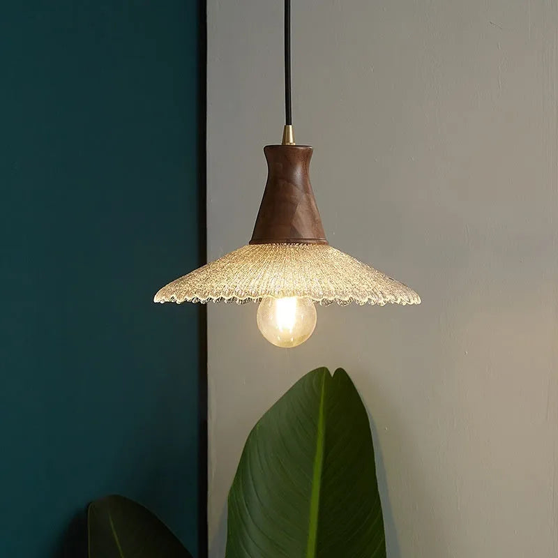 Retro simple wood and glass ceiling chandelier with brass finish in small, medium, or large size.