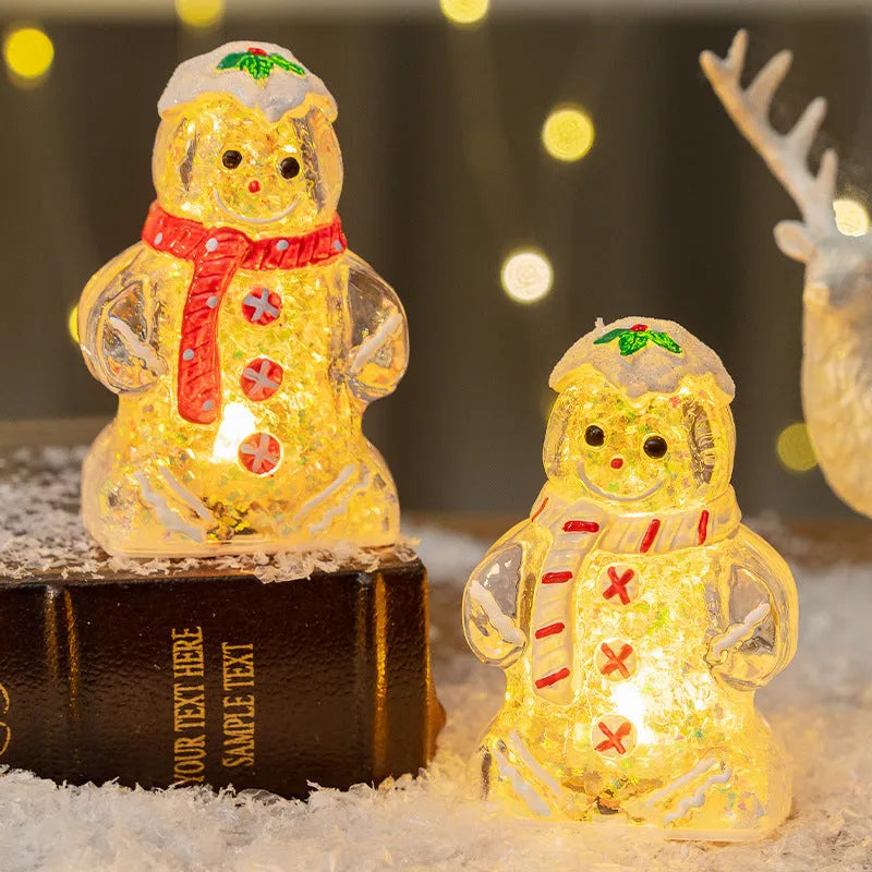 Glowing plastic gingerbread man snowman Christmas ornament with a choice of scarf colours on a festive background.