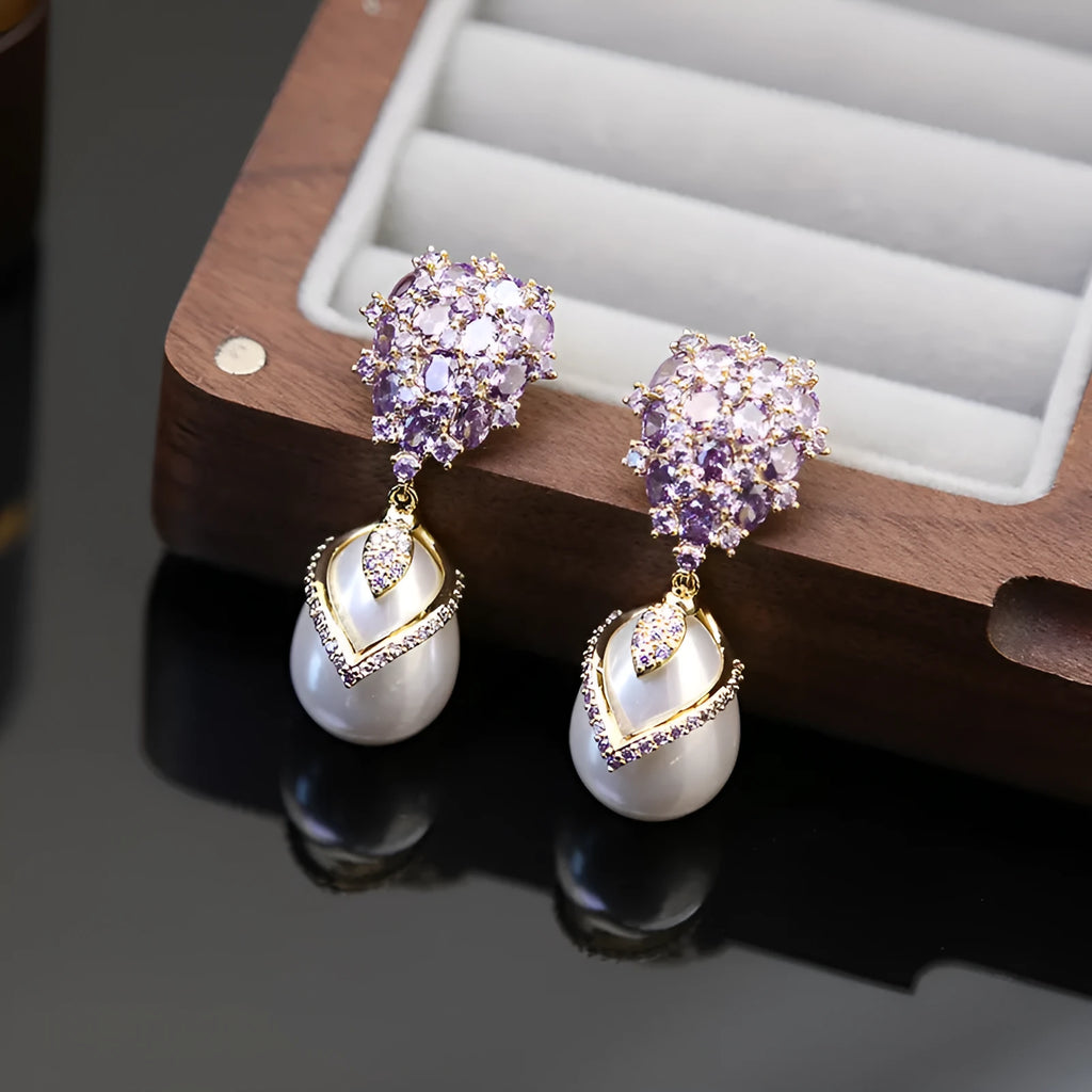 Women's drop-shaped earrings with pearl inlay and zircon stones on 18K copper