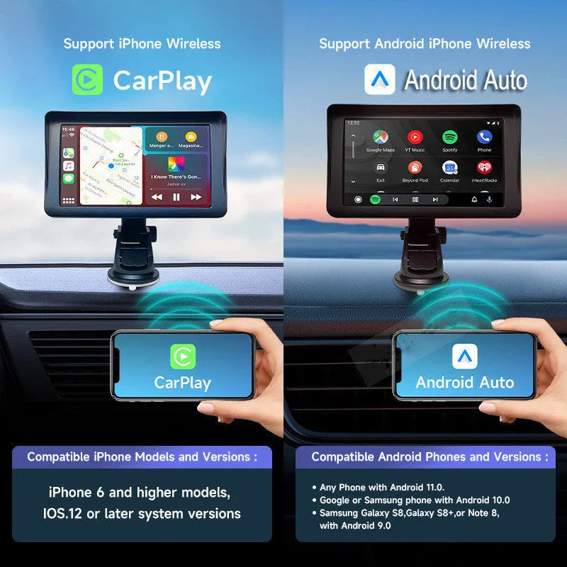 7 inch portable car smart display with retractable bracket showing wireless Carplay interface
