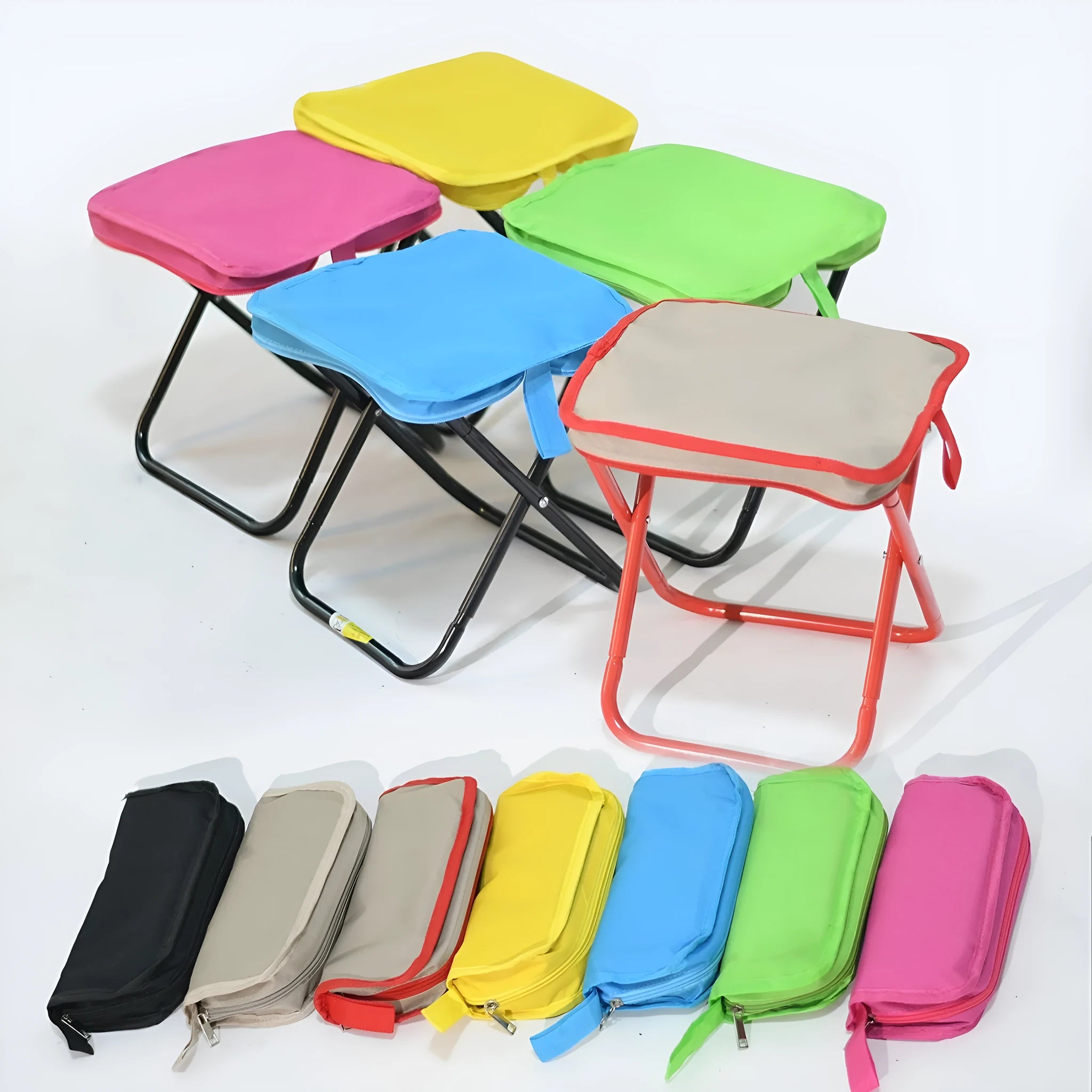 A folded lightweight camp stool with an Oxford cloth seat in a choice of colours.