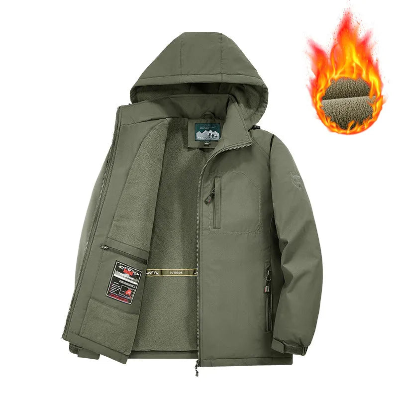 New men's detachable hooded thickened cotton jacket with fleece lining in army green, polyester construction, straight hem