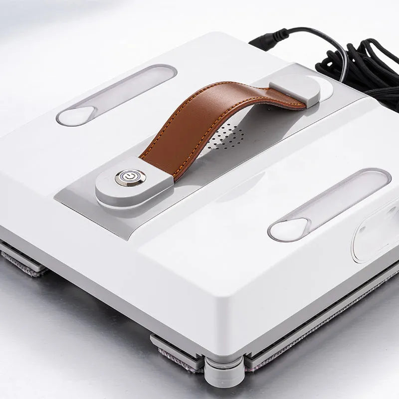 White intelligent window cleaning robot on a glass window, dimensions 220mm by 220mm by 70mm.