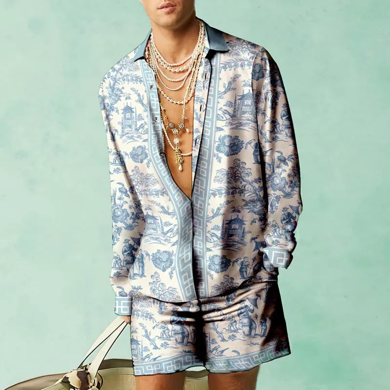 Men's slim fit long sleeve shirt and matching shorts casual summer set on a hanger.