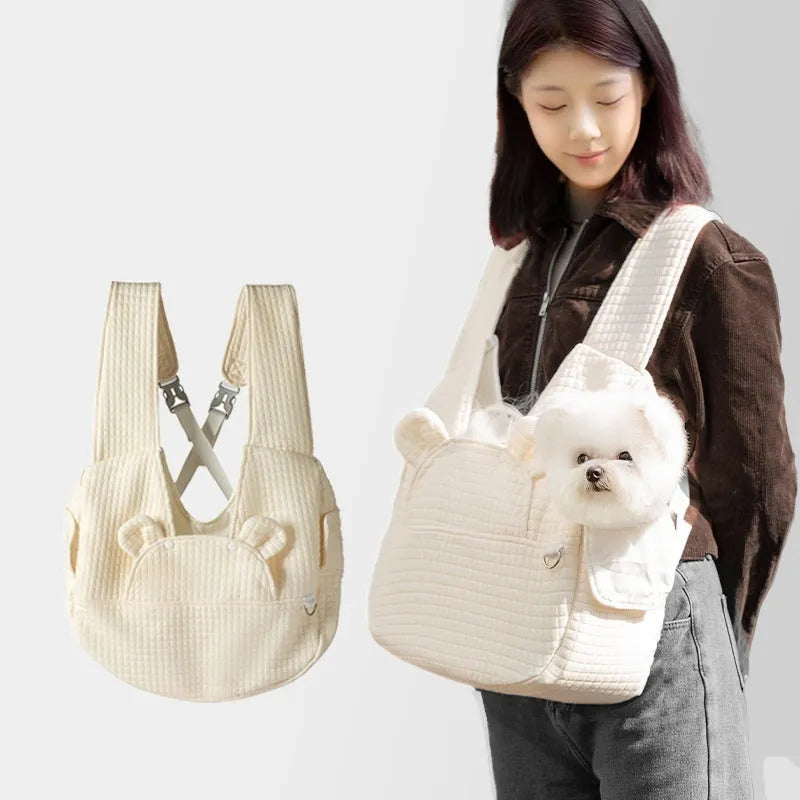 Grey quilted cross chest pet backpack for dogs and cats with square plaid pattern